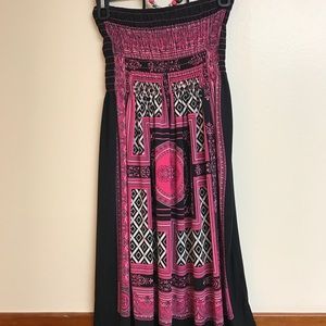 Strapless dress with pull up around neck tie.